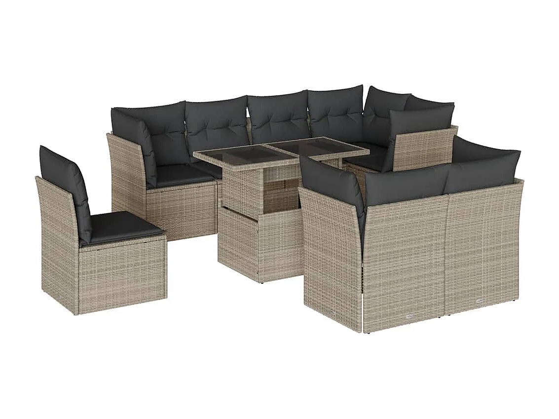 Salon de jardin 9 pcs avec coussins gris clair résine tressée