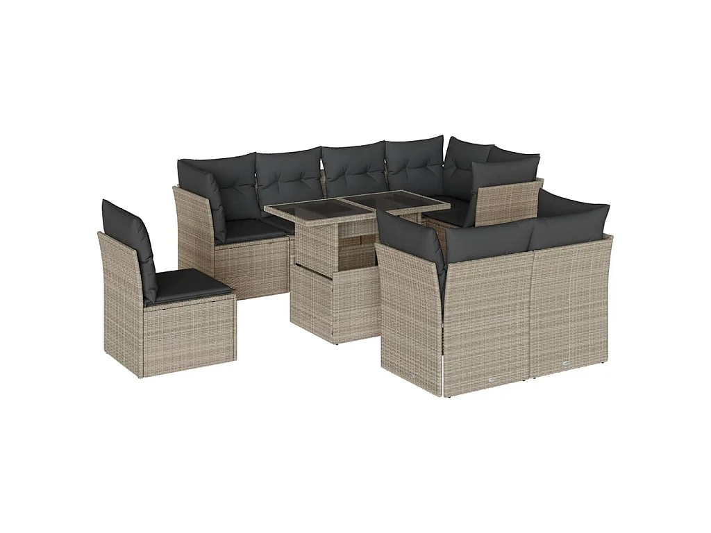Salon de jardin 9 pcs avec coussins gris clair résine tressée