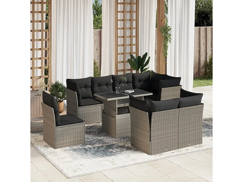 Salon de jardin 9 pcs avec coussins gris clair résine tressée