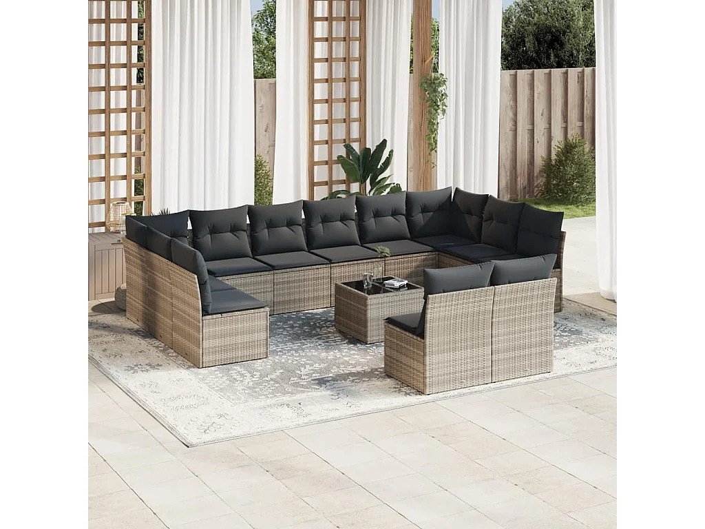 Salon de jardin avec coussins 13 pcs gris clair résine tressée