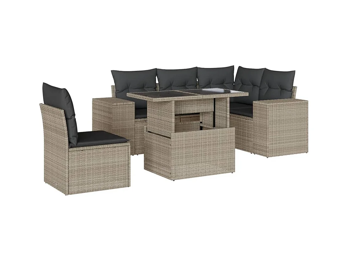 Set Divano da Giardino 6pz con Cuscini Grigio Chiaro Polyrattan