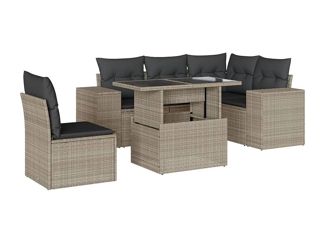 Salon de jardin 6 pcs avec coussins gris clair résine tressée