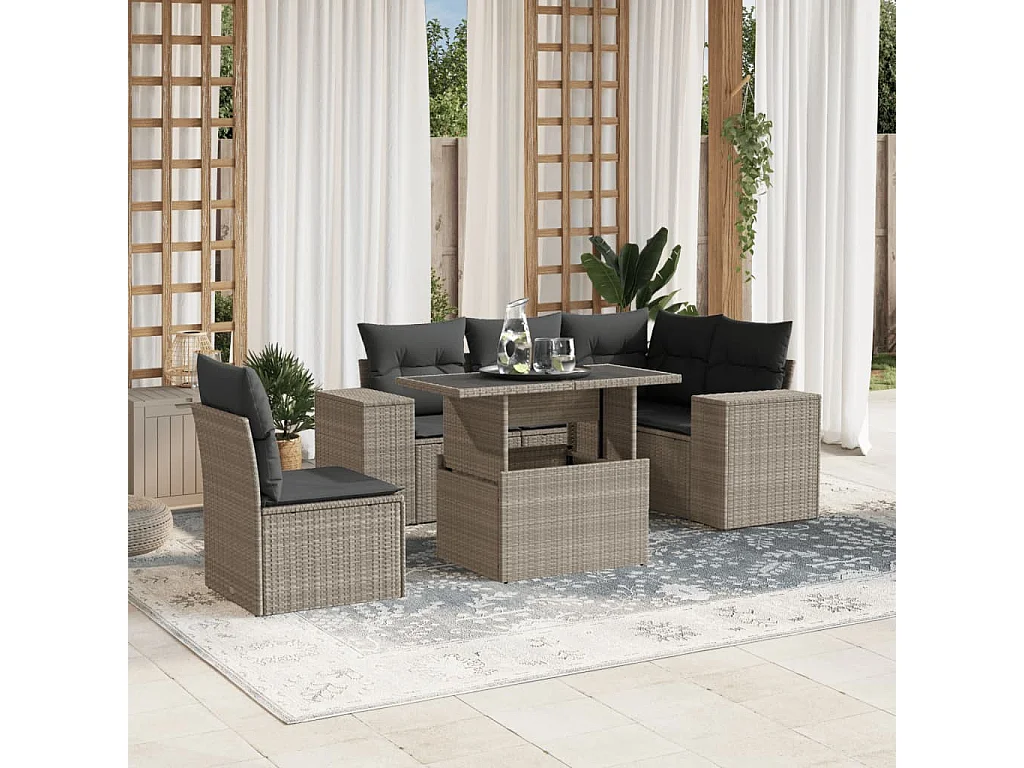 Salon de jardin 6 pcs avec coussins gris clair résine tressée