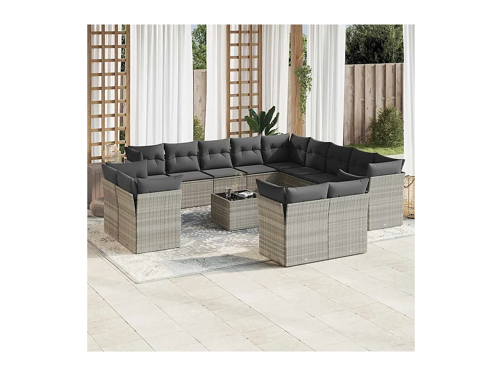 Salon de jardin avec coussins 14 pcs gris clair résine tressée