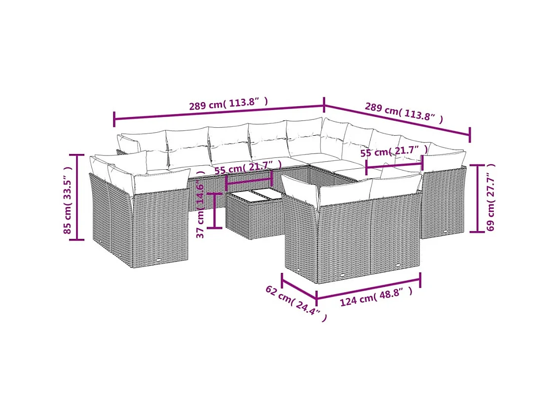 Salon de jardin avec coussins 14 pcs gris clair résine tressée