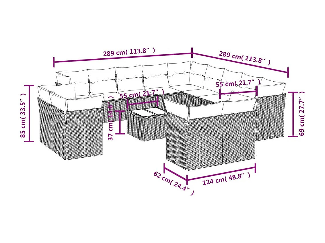 Salon de jardin avec coussins 14 pcs gris clair résine tressée