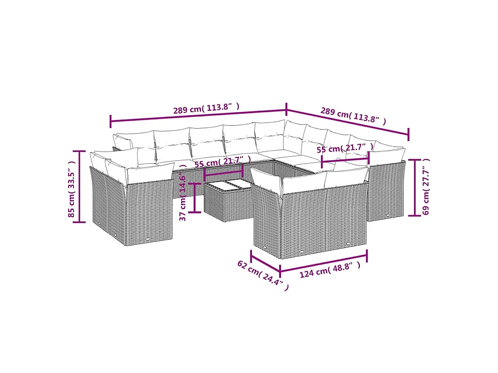 14-tlg. Garten-Sofagarnitur mit Kissen Hellgrau Poly Rattan