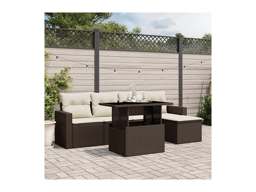 Salon de jardin avec coussins 6 pcs marron résine tressée