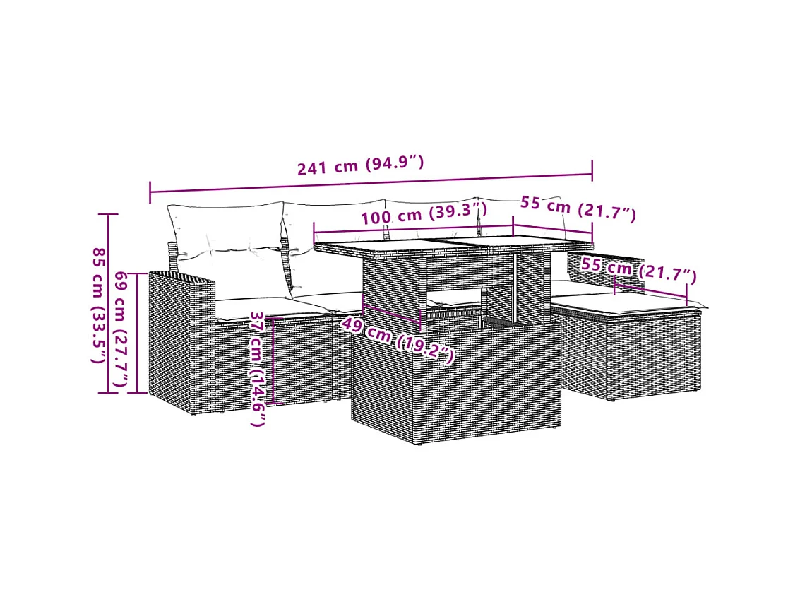 Salon de jardin avec coussins 6 pcs marron résine tressée