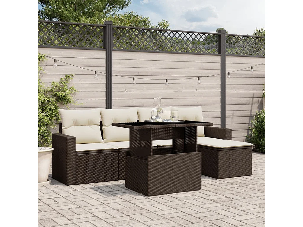 6-tlg. Garten-Sofagarnitur mit Kissen Braun Poly Rattan