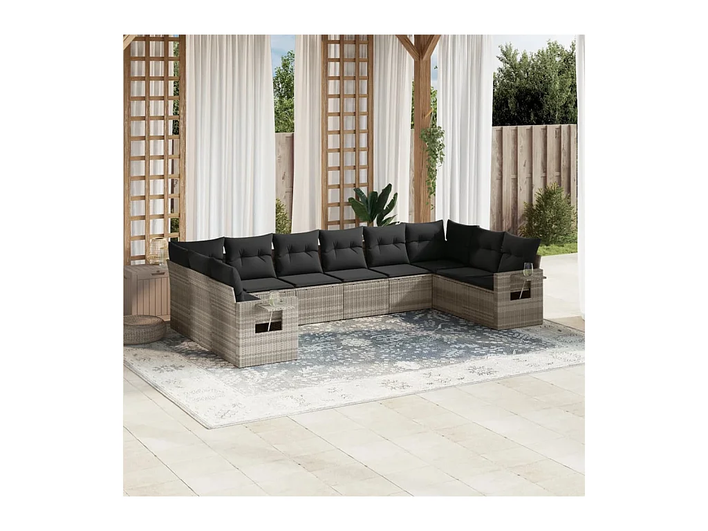 10-delige Loungeset met kussens poly rattan lichtgrijs