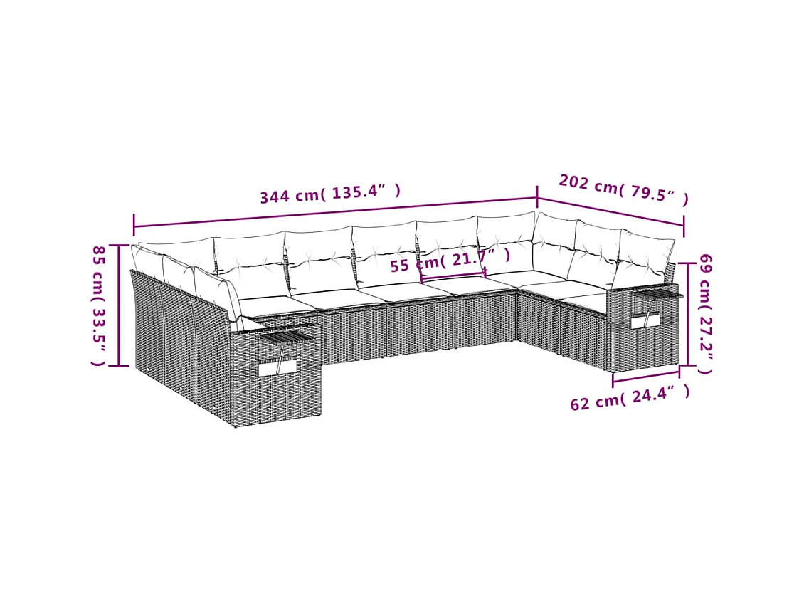 10-delige Loungeset met kussens poly rattan lichtgrijs