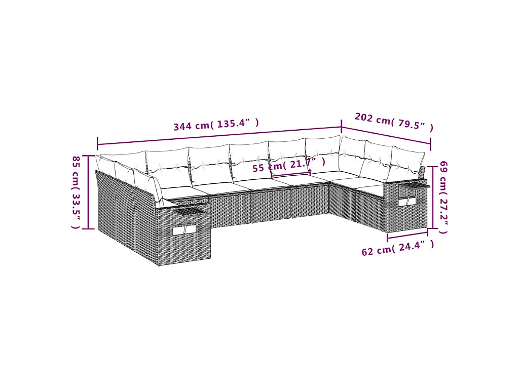 10-delige Loungeset met kussens poly rattan lichtgrijs