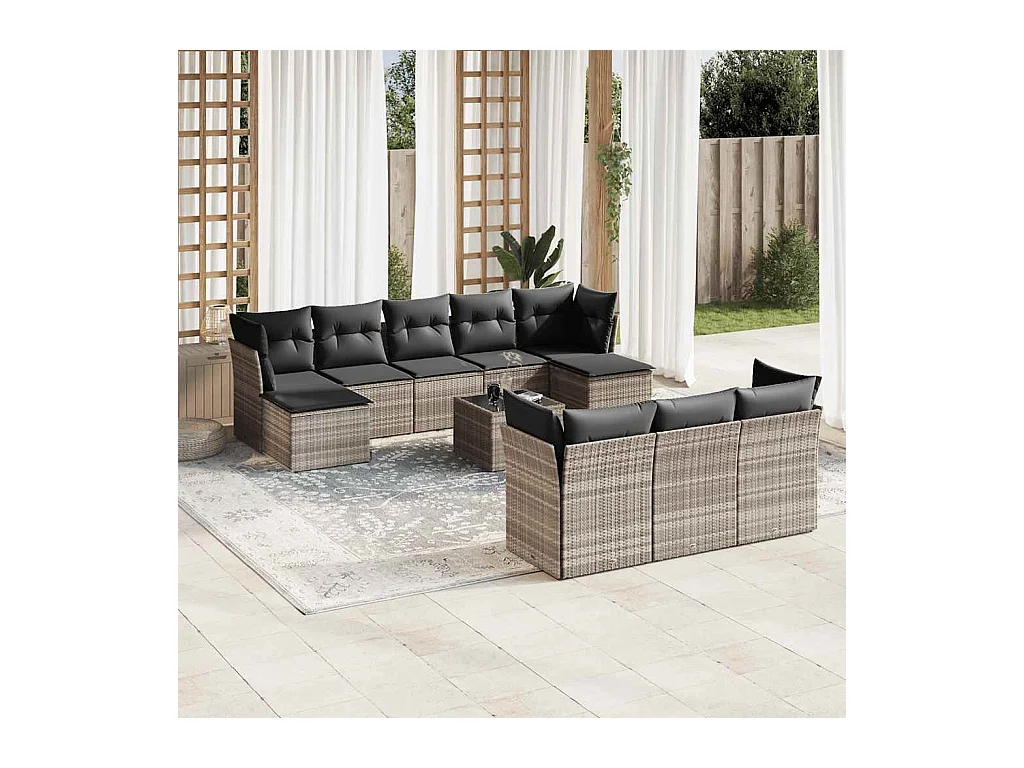 Salon de jardin 11 pcs avec coussins gris clair résine tressée