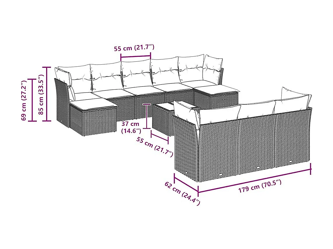 Salon de jardin 11 pcs avec coussins gris clair résine tressée