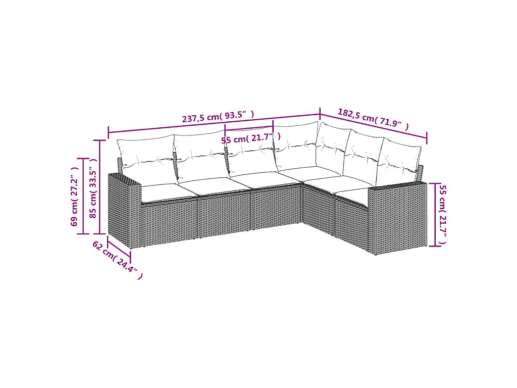 Salon de jardin 6 pcs avec coussins gris clair résine tressée