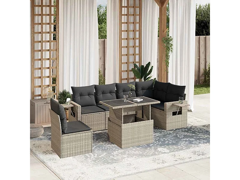 Salon de jardin avec coussins 7 pcs gris clair résine tressée