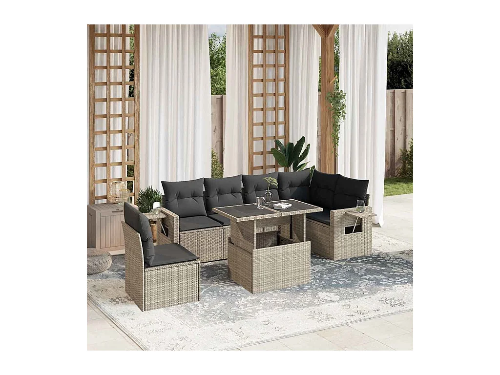 Salon de jardin avec coussins 7 pcs gris clair résine tressée