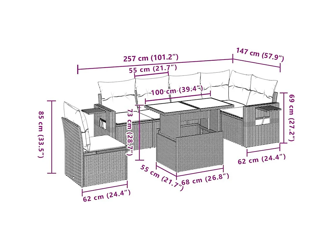 Salon de jardin avec coussins 7 pcs gris clair résine tressée
