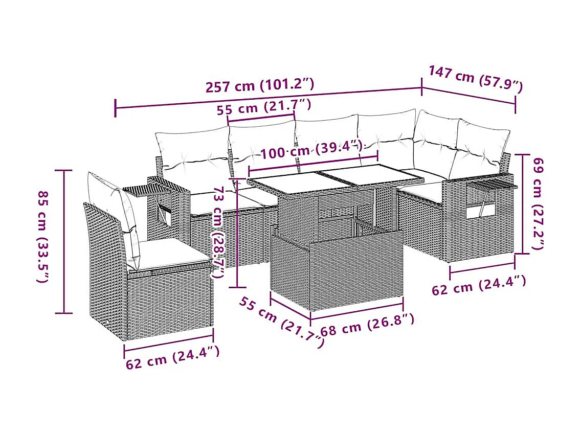 7-tlg. Garten-Sofagarnitur mit Kissen Hellgrau Poly Rattan