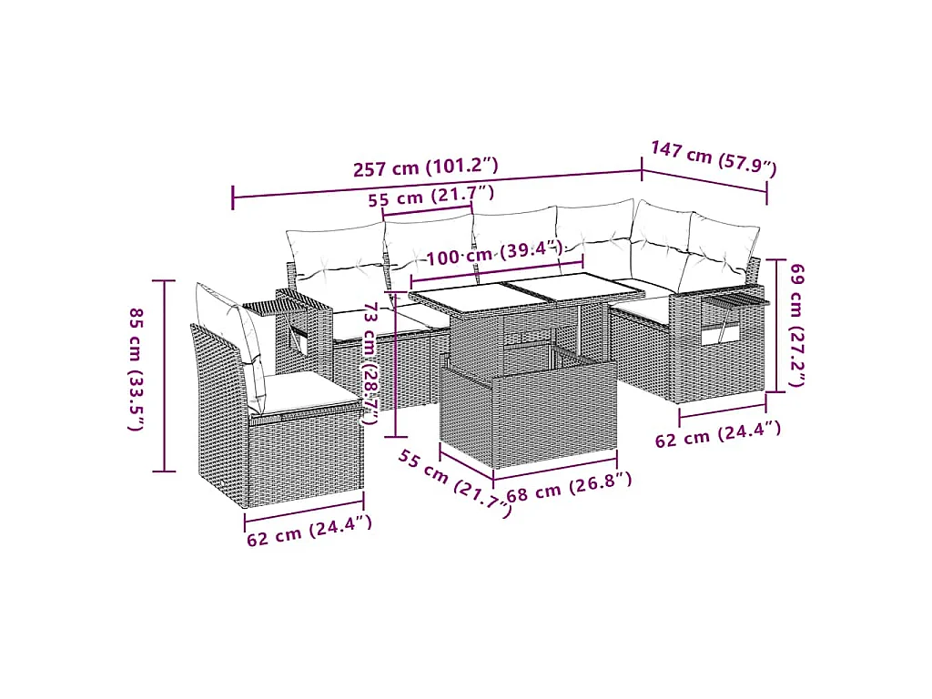 Salon de jardin avec coussins 7 pcs gris clair résine tressée