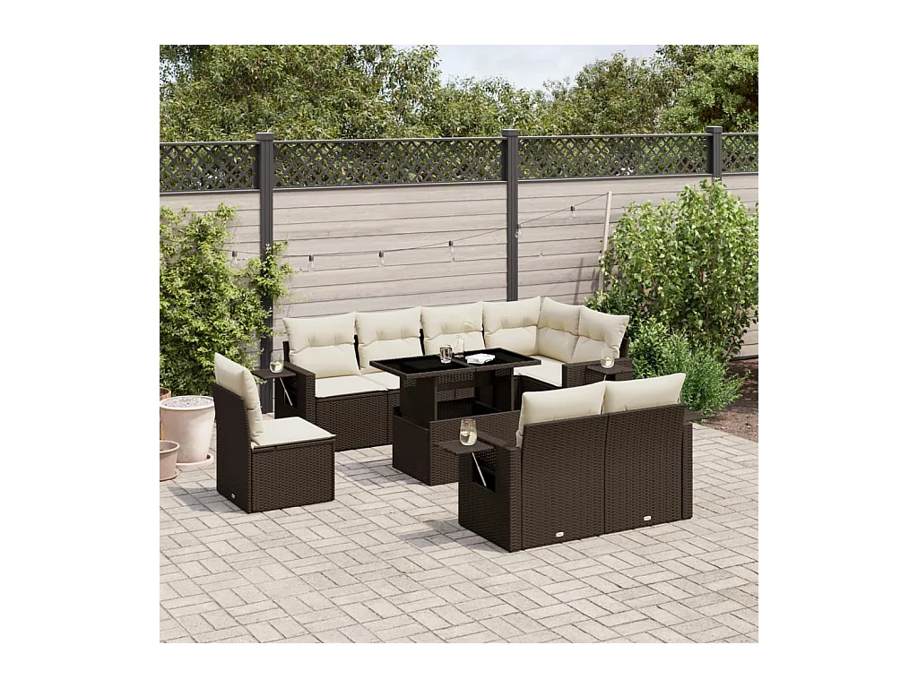 Salon de jardin avec coussins 9 pcs marron résine tressée