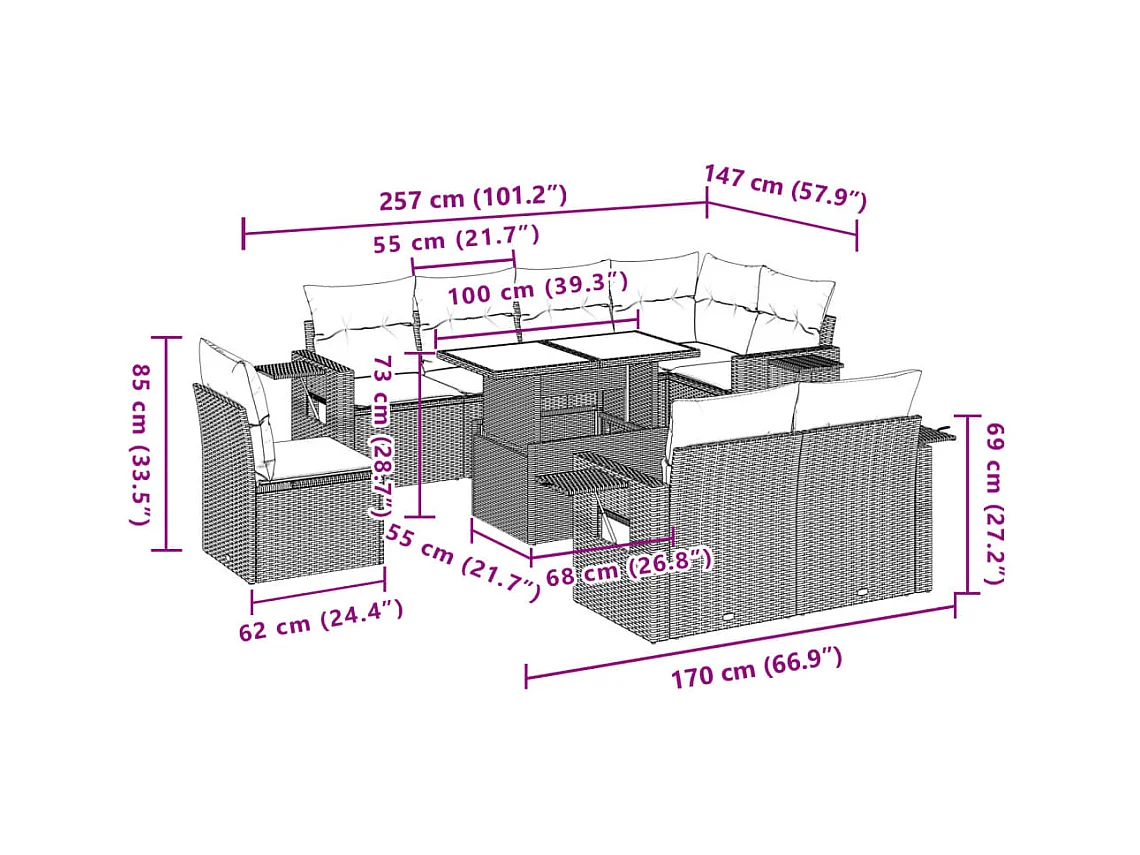 Salon de jardin avec coussins 9 pcs marron résine tressée