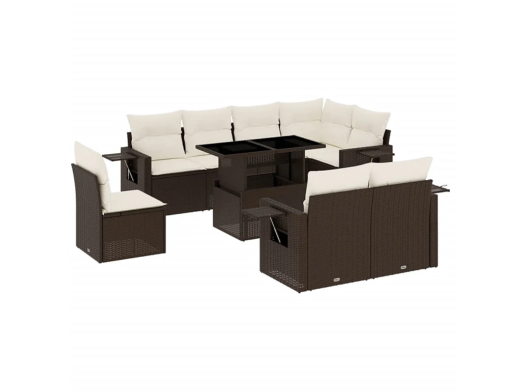 9-tlg. Garten-Sofagarnitur mit Kissen Braun Poly Rattan