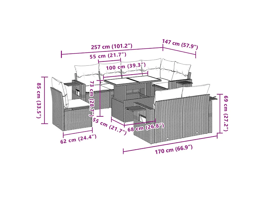 9-tlg. Garten-Sofagarnitur mit Kissen Braun Poly Rattan