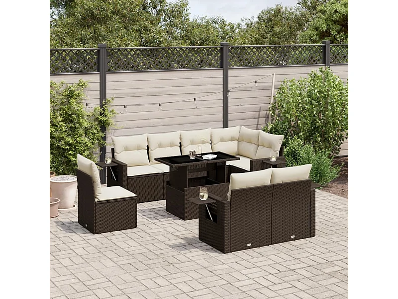 Salon de jardin avec coussins 9 pcs marron résine tressée