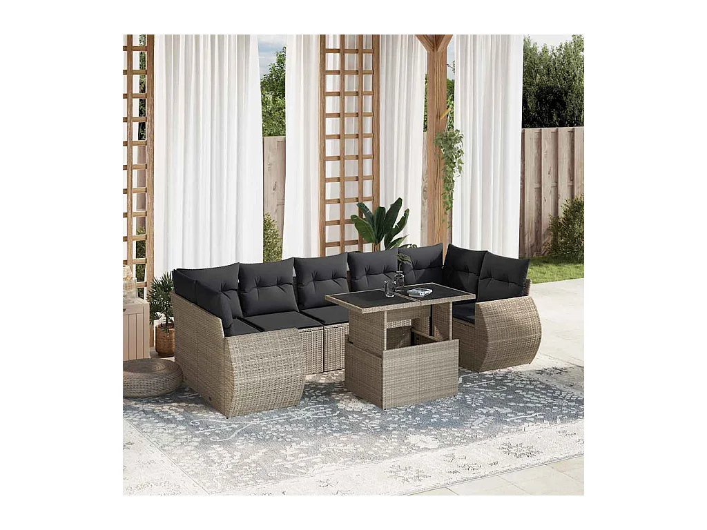 Salon de jardin 8 pcs avec coussins gris clair résine tressée