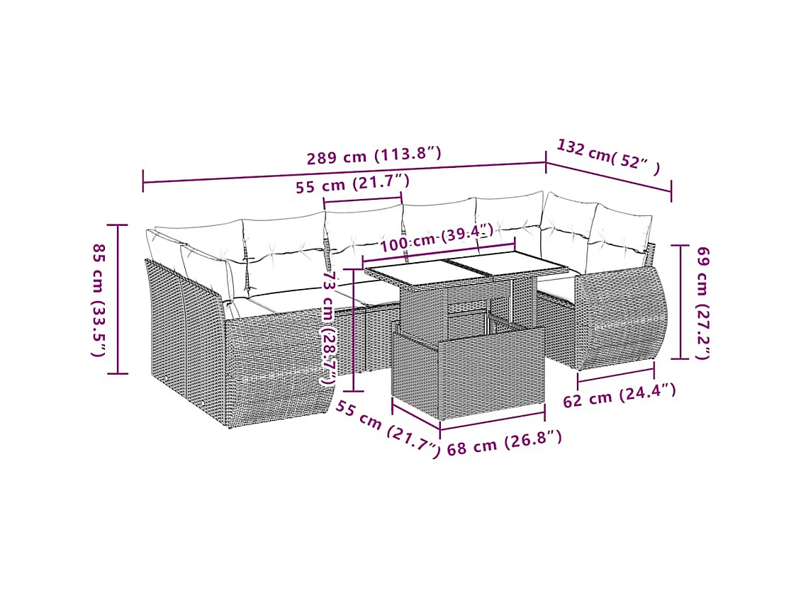 Salon de jardin 8 pcs avec coussins gris clair résine tressée