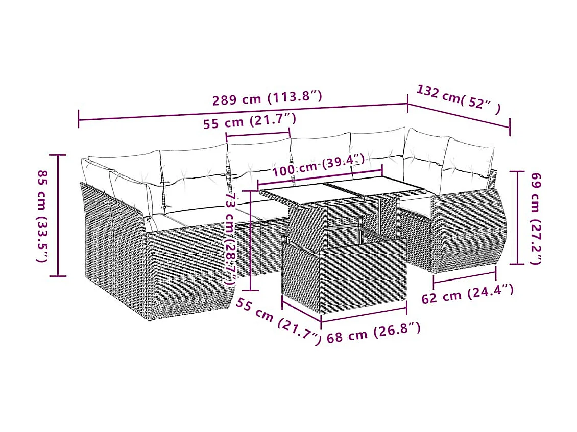 Salon de jardin 8 pcs avec coussins gris clair résine tressée