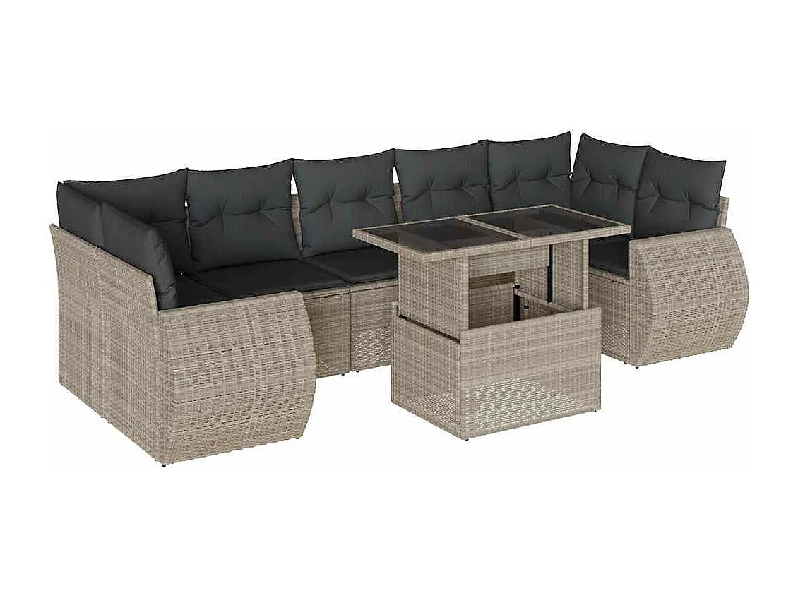 Salon de jardin 8 pcs avec coussins gris clair résine tressée