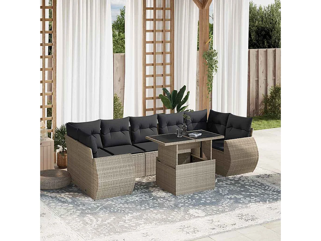 Salon de jardin 8 pcs avec coussins gris clair résine tressée