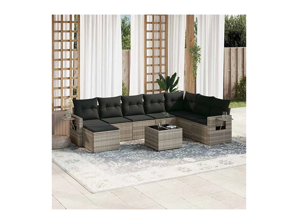 9-tlg. Garten-Sofagarnitur mit Kissen Hellgrau Poly Rattan