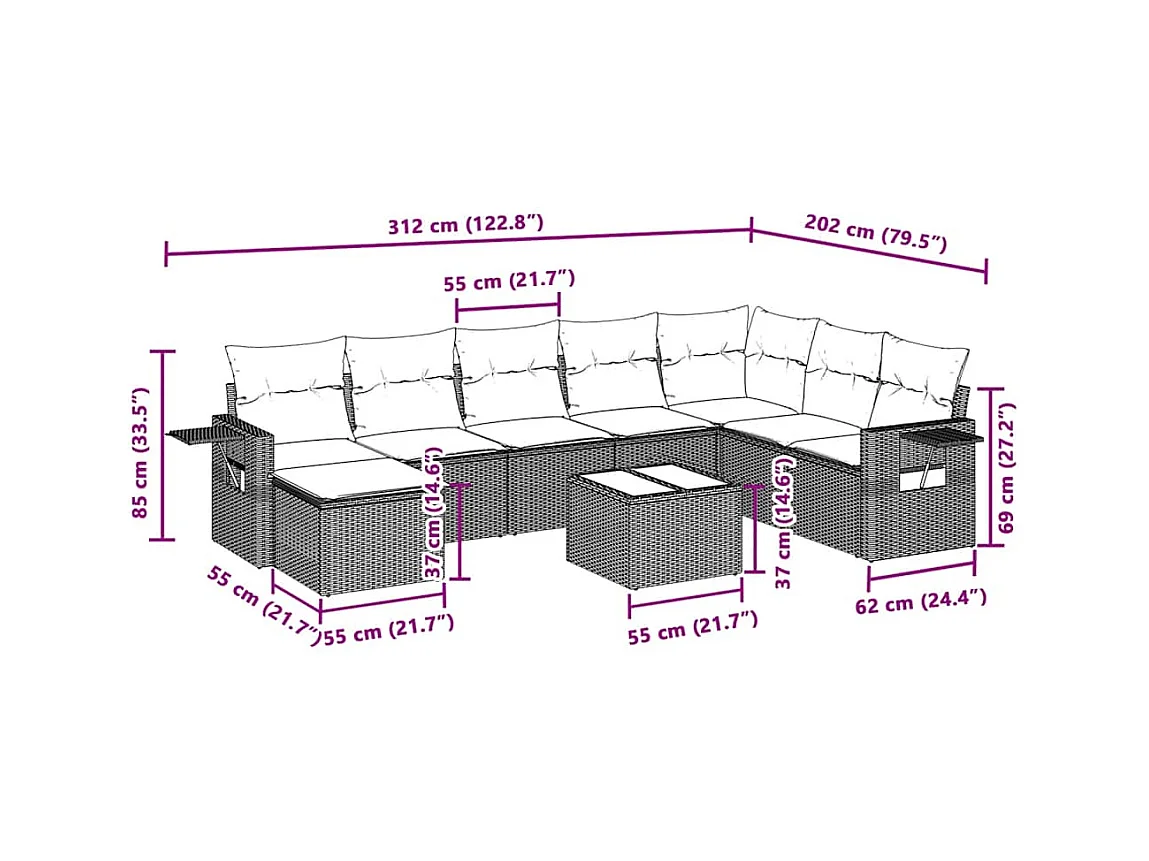 9-tlg. Garten-Sofagarnitur mit Kissen Hellgrau Poly Rattan