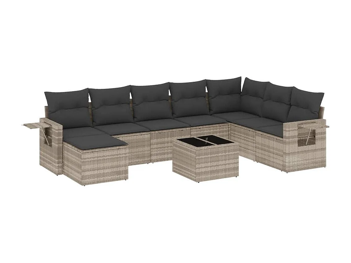 Salon de jardin 9 pcs avec coussins gris clair résine tressée