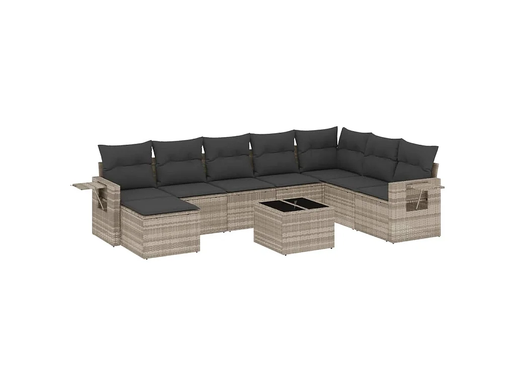 Salon de jardin 9 pcs avec coussins gris clair résine tressée