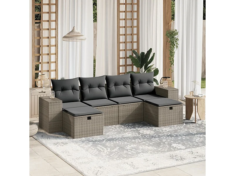 6-tlg. Garten-Sofagarnitur mit Kissen Hellgrau Poly Rattan