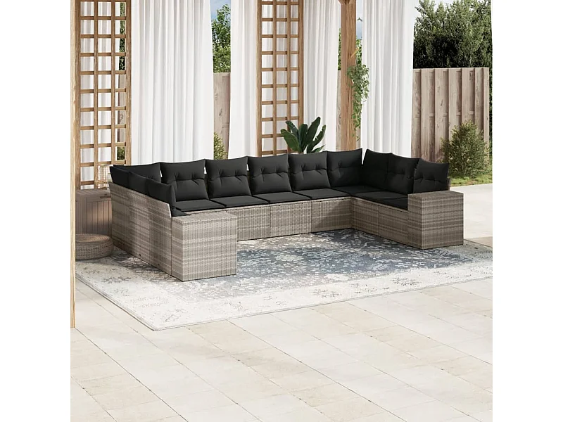Set Divano Giardino 10 pz con Cuscini Grigio Chiaro Polyrattan
