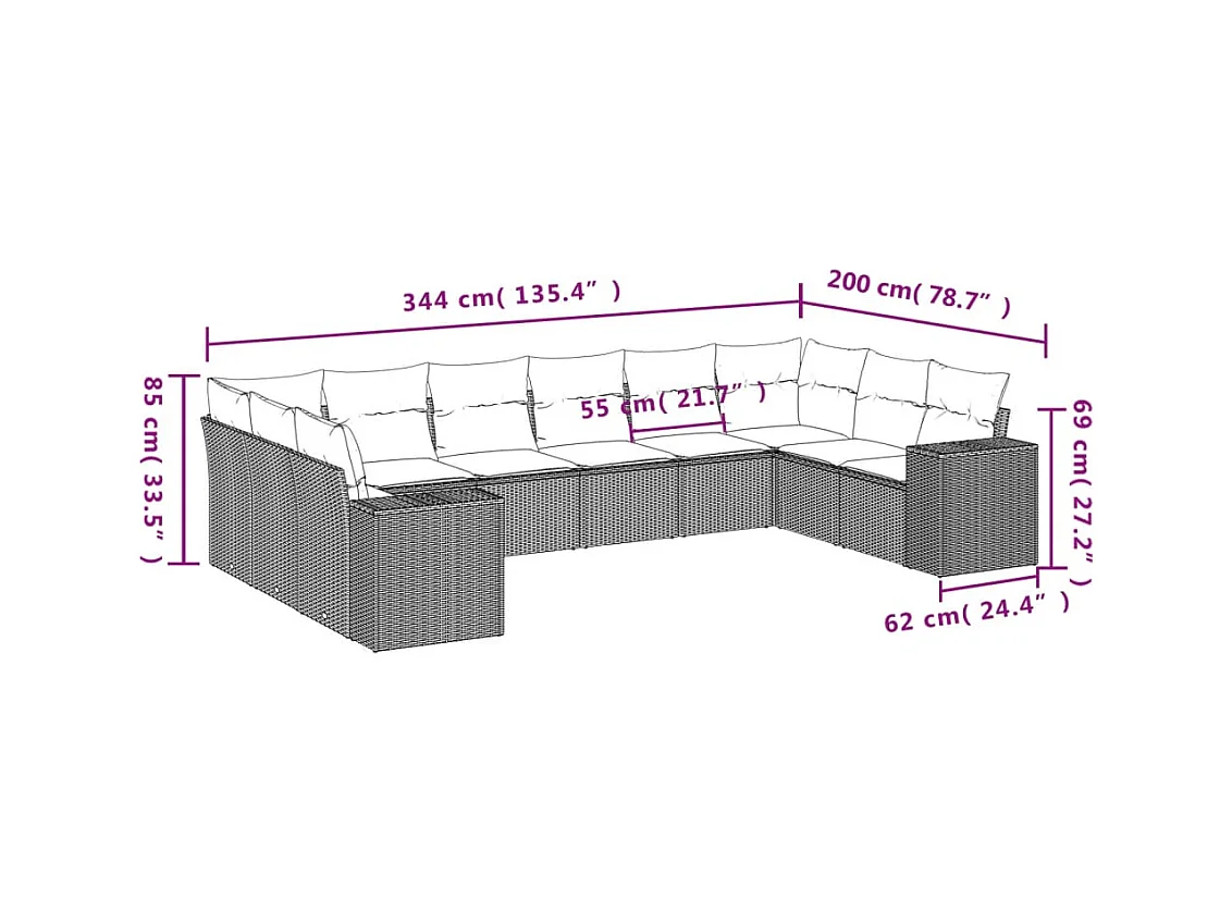 Salon de jardin avec coussins 10 pcs gris clair résine tressée