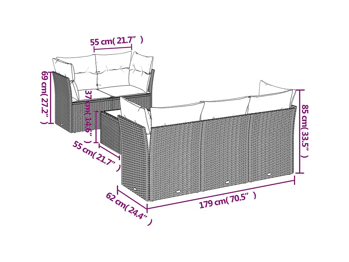 Salon de jardin 6 pcs avec coussins gris clair résine tressée