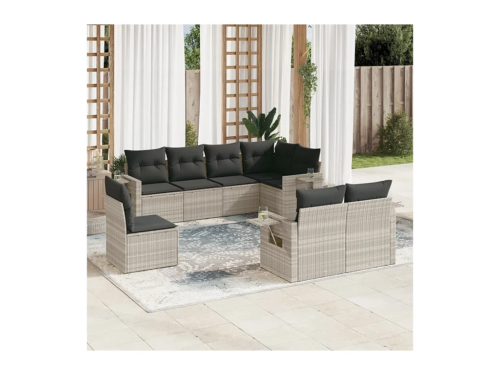 Salon de jardin 8 pcs avec coussins gris clair résine tressée