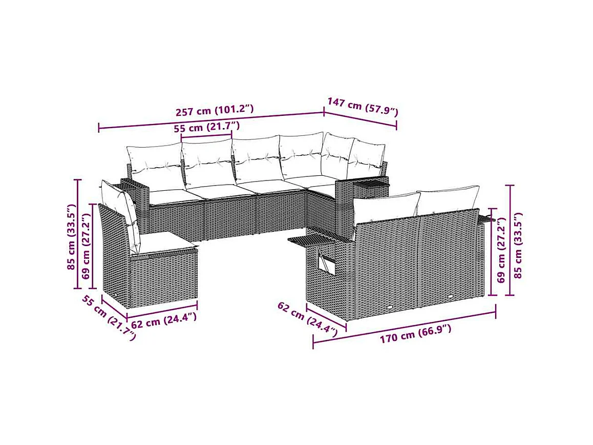 Salon de jardin 8 pcs avec coussins gris clair résine tressée