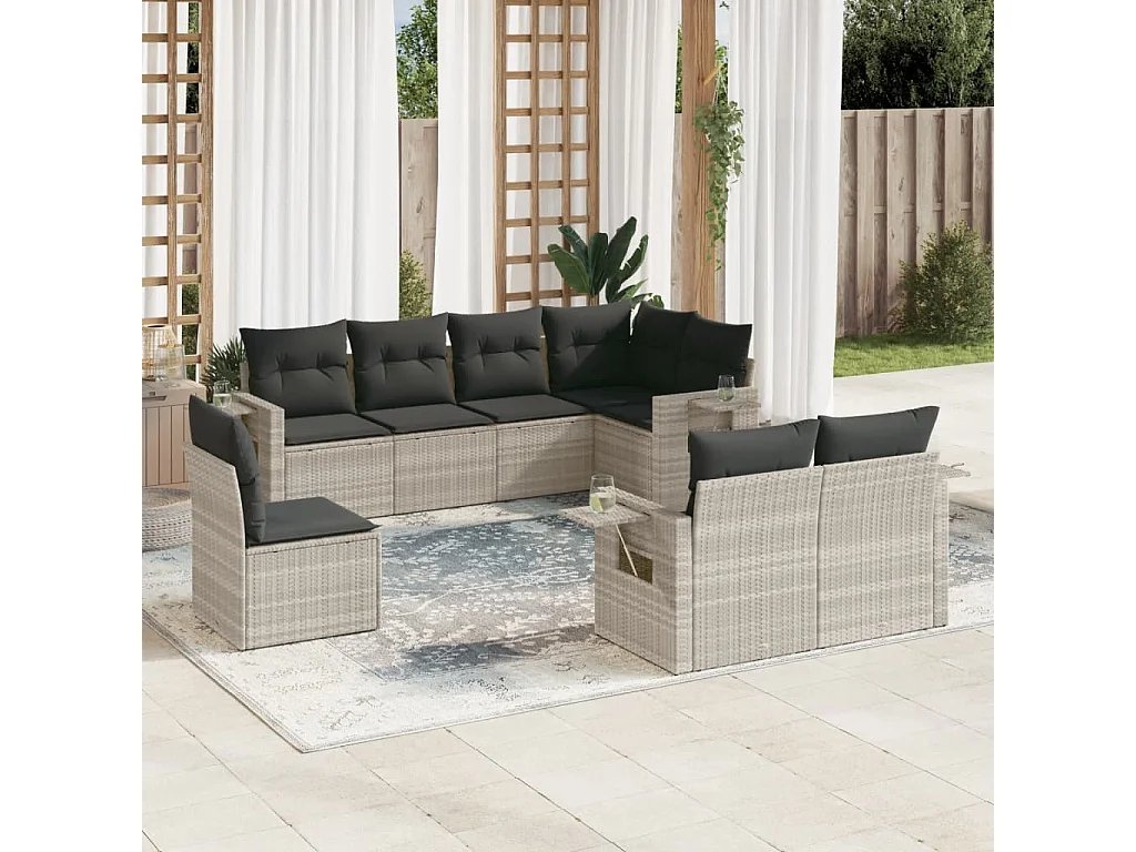 Salon de jardin 8 pcs avec coussins gris clair résine tressée