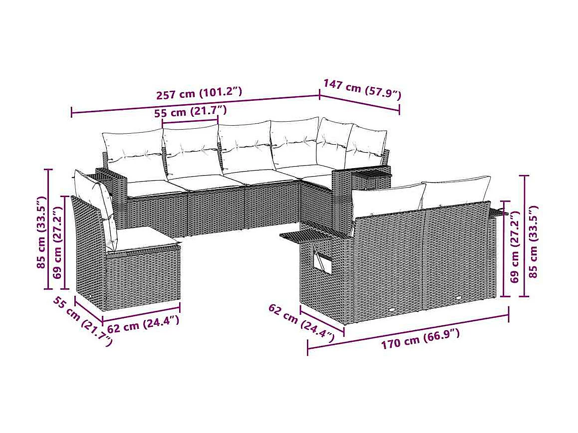 Salon de jardin 8 pcs avec coussins gris clair résine tressée