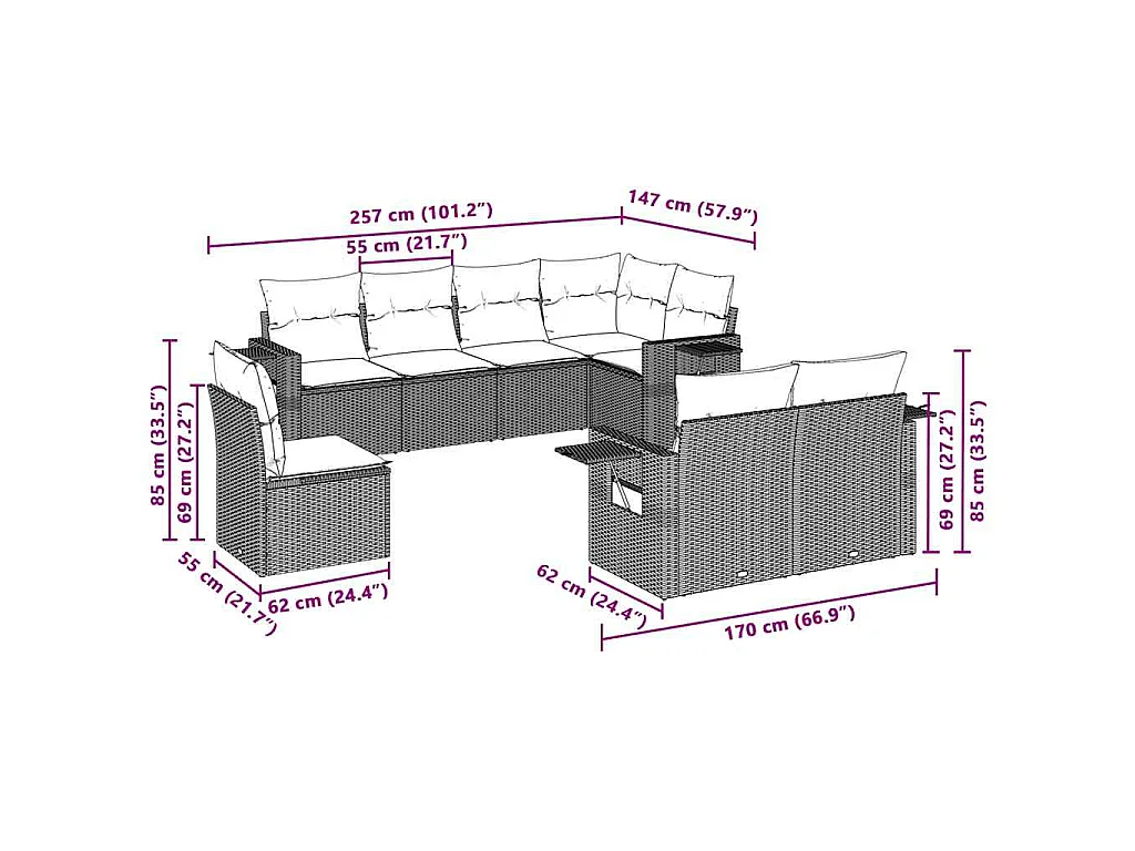Salon de jardin 8 pcs avec coussins gris clair résine tressée