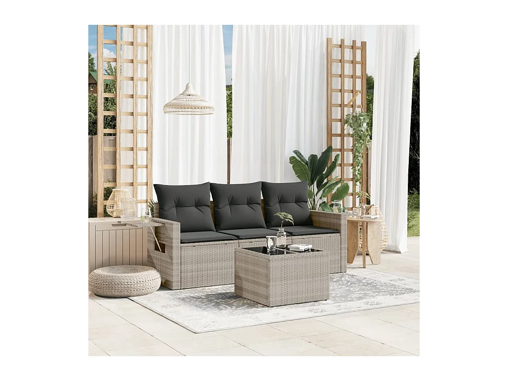 Salon de jardin 4 pcs avec coussins gris clair résine tressée