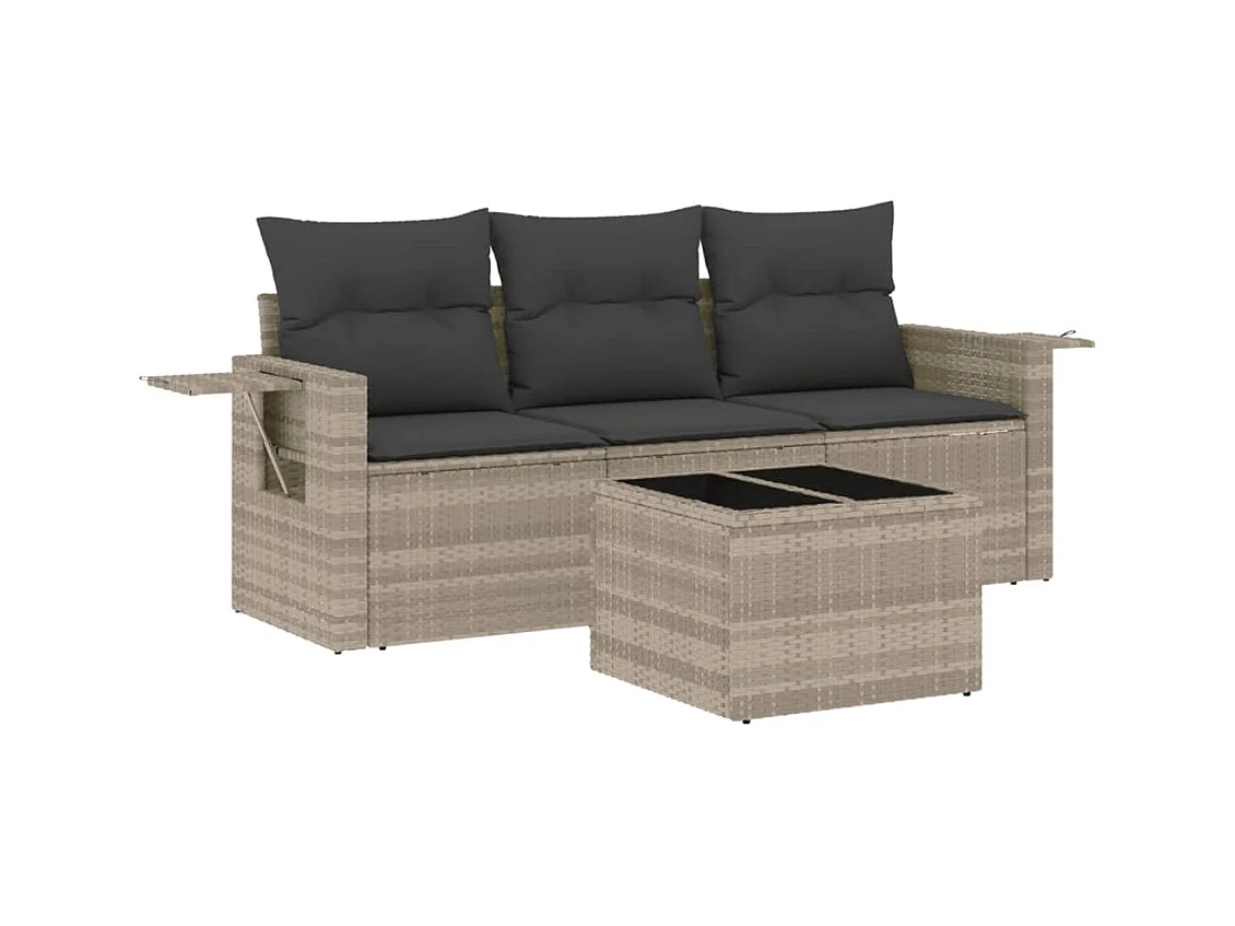 Salon de jardin 4 pcs avec coussins gris clair résine tressée